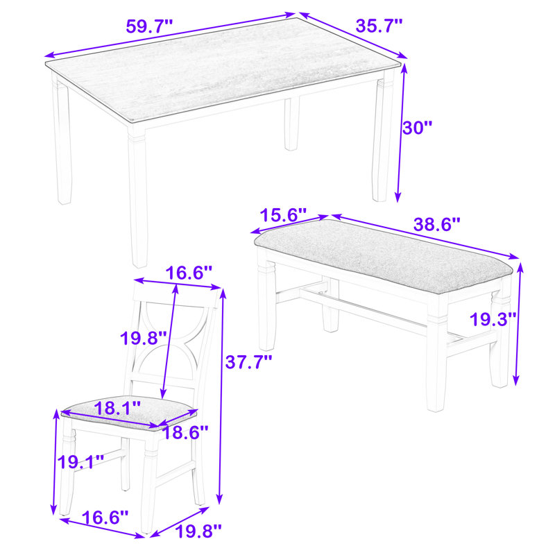 Ensemble de salle à manger 6 pièces Danayjah, table rectangulaire en bois, chaises rembourrées et banc pour petits espaces