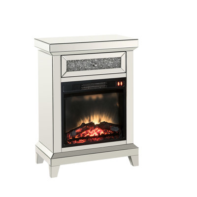 Led Electric Fireplace With Mirrored Design And Faux Diamonds, Assembled, Remote Touch - Panel Use, Timer 1 Storage Drawer Stop Self Closure, , Mirror, Acrylic Diamond, 4777 , 400 Sq Ft Heating