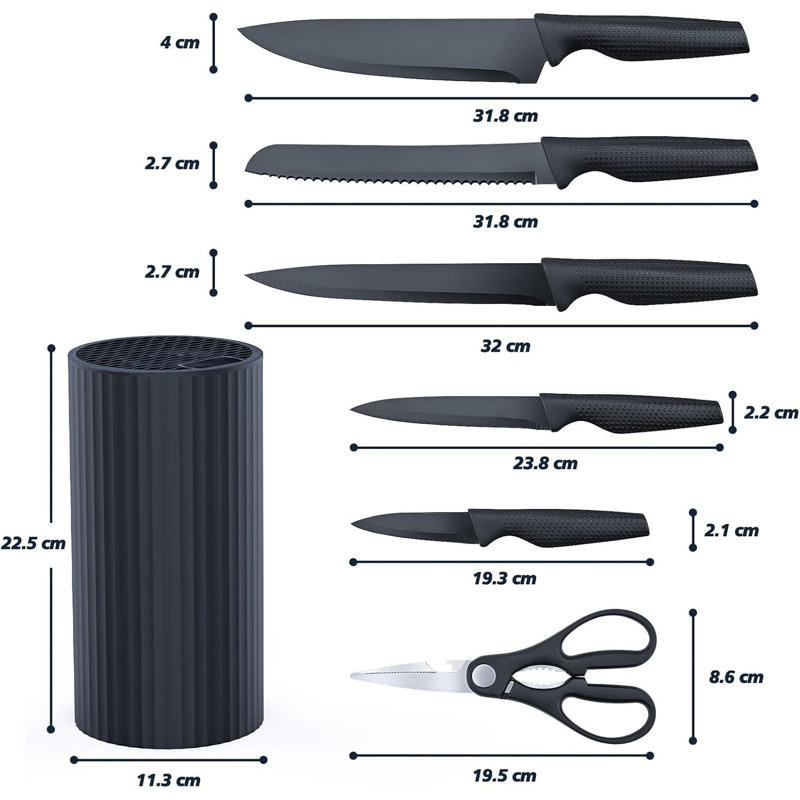 Ensemble de couteaux de cuisine en acier inoxydable avec ciseaux RAINBEAN, 7 pièces, noir