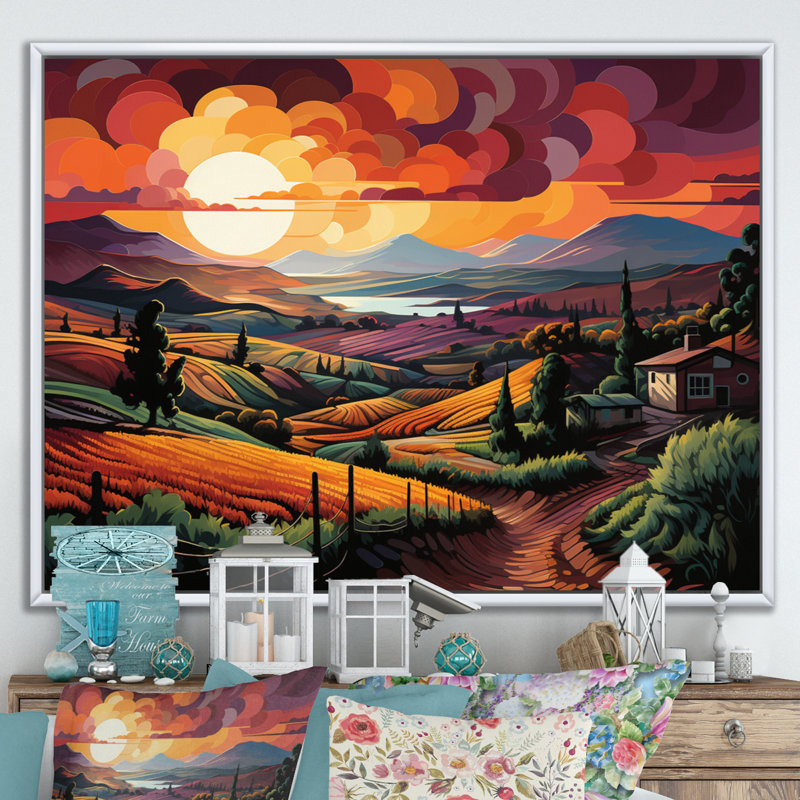 «Vineyard Sunset Rows Of Ruby Landscape III», reproduction sur toile, H 30 po x l 40 po x P 1,5 po, Cadre flottant blanc