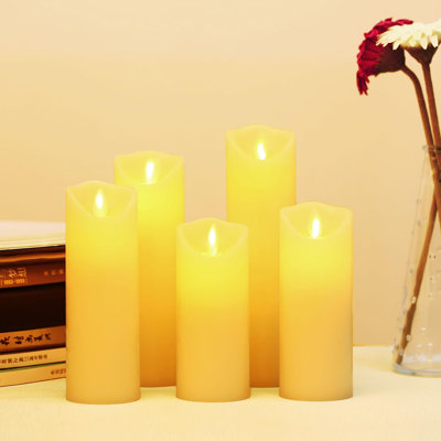 LED Candles 5.5"/6"/6.5"/7"/8"Set of 5 Real Wax Battery Flameless Candles Include Realistic Dancing LED Flames and 10-key Remote Control with 2/4/6/8-hours Timer Function, 300+ Hours