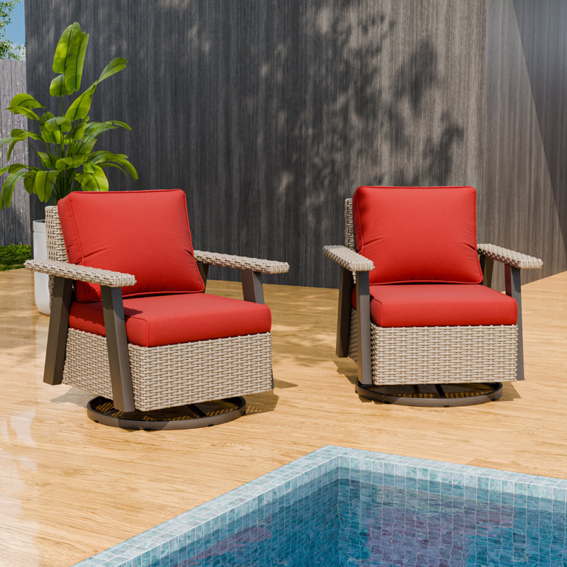 Ensemble de chaises berçantes pivotantes d'extérieur, ensemble de chaises de patio en rotin et osier à 360 °, Rouge