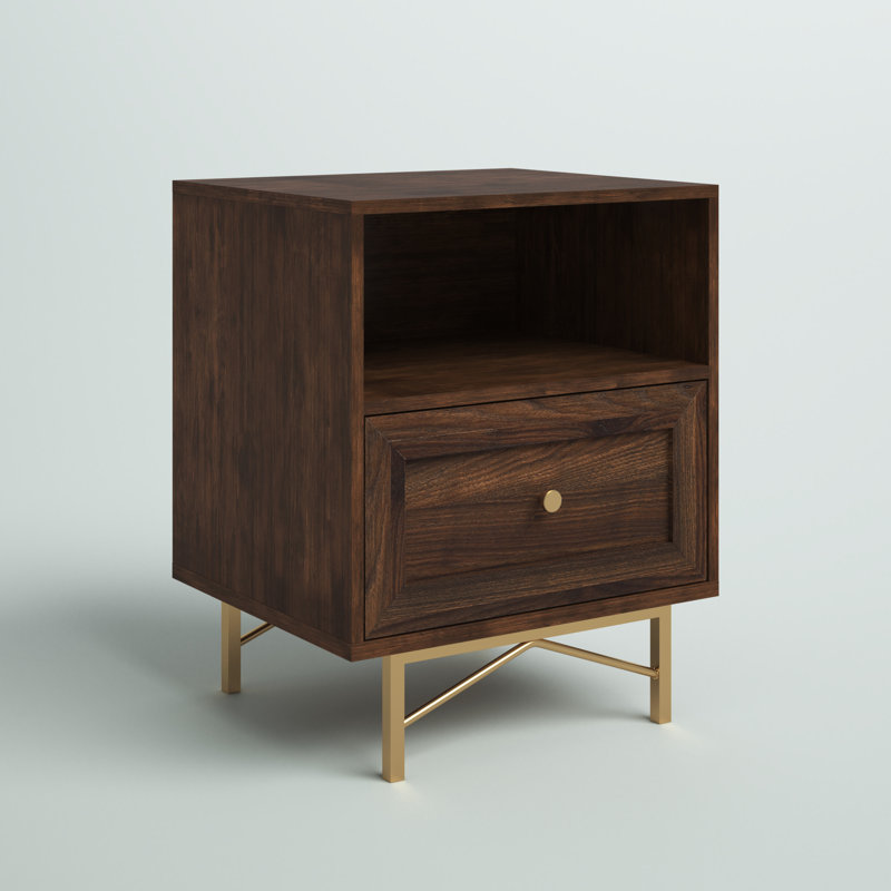 Afet 1-Drawer Nightstand with Open Cubby, Dark Walnut
