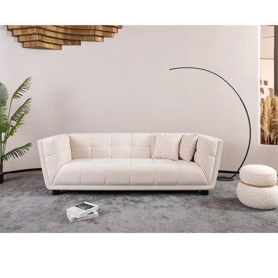 Canapé moderne de style Mid-Century moderne: canapé blanc simple, petit motif carré, texture de tissu de velours lisse, style rétro, pieds en bois massif, design 2 personnes