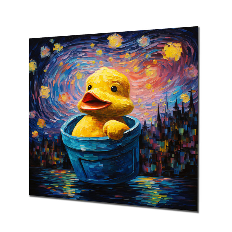 Playful Duck In Bathaign III - Art mural en métal pour salle de bain, H 16 po x l 16 po