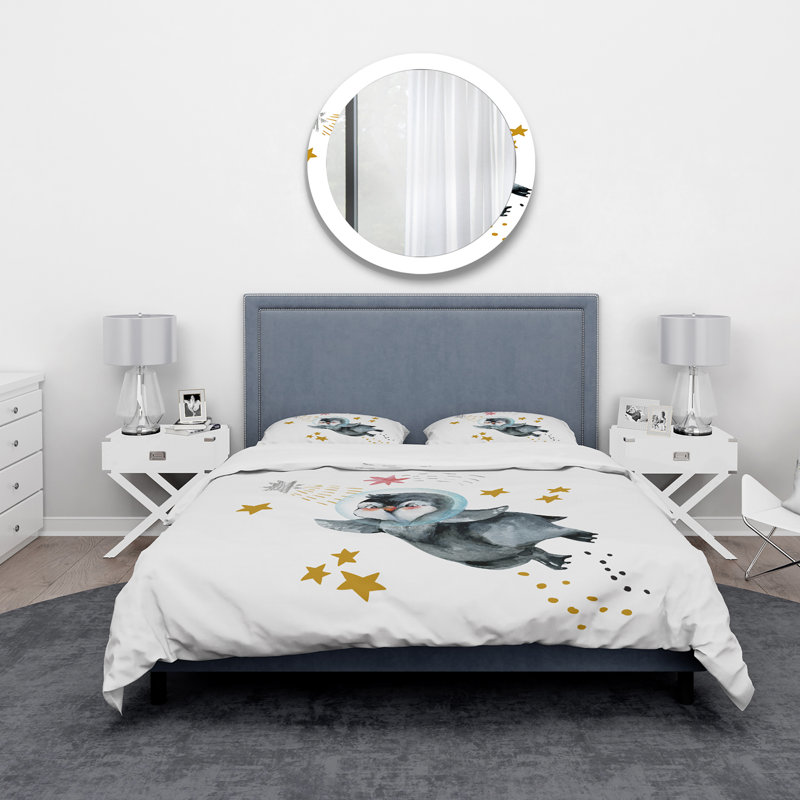 Little Penguin Flying Stars and Planets I - Ensemble de housse de couette Farmhouse - Microfibre de polyester