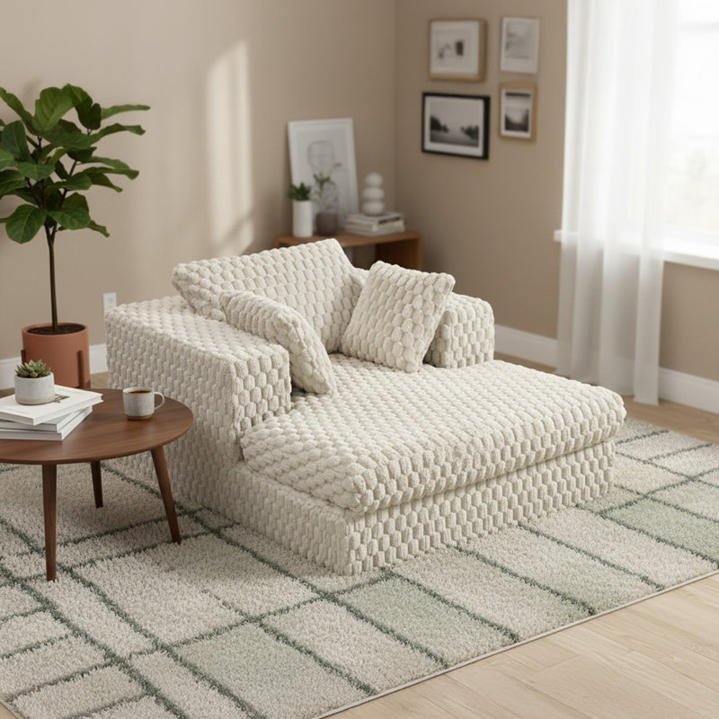47.4" Wide Modern Compression Chaise Lounge Chair, Diamond Tufted Corduroy Sofa Bed for Living Room, Includes Pillows, Beige