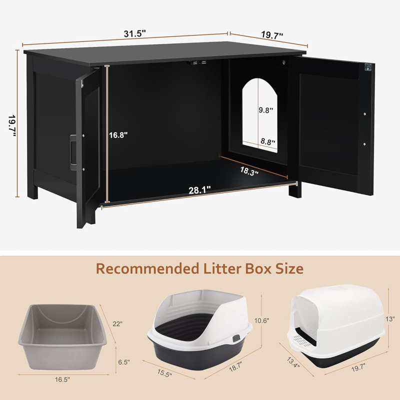 Black Wooden Double Room Cat Litter Box Enclosure
