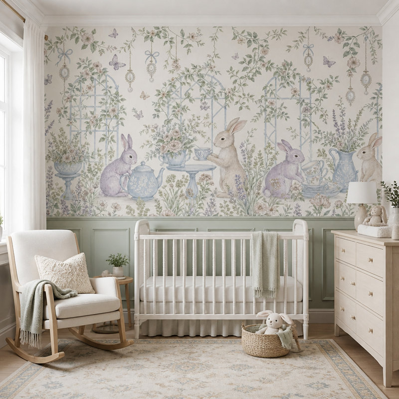 Papier peint floral Rabbit Garden, 120"x96", Peler et coller