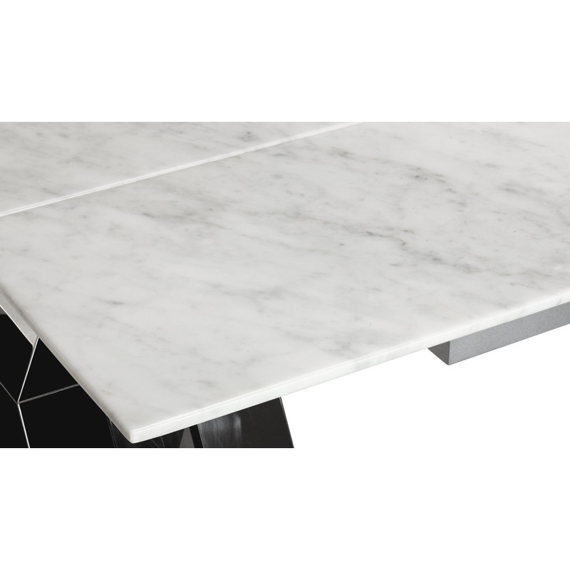 Azriela Extendable Marble Top Metal Base Dining Table, Light Silver