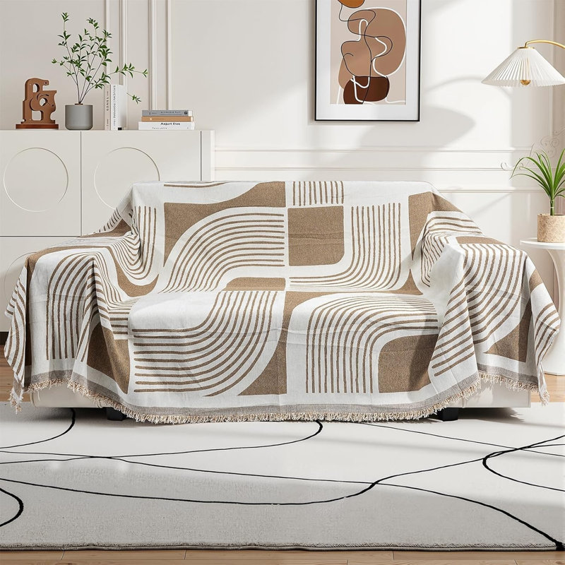 Chenille Box Cushion Sofa Slipcover, Brown Geometric