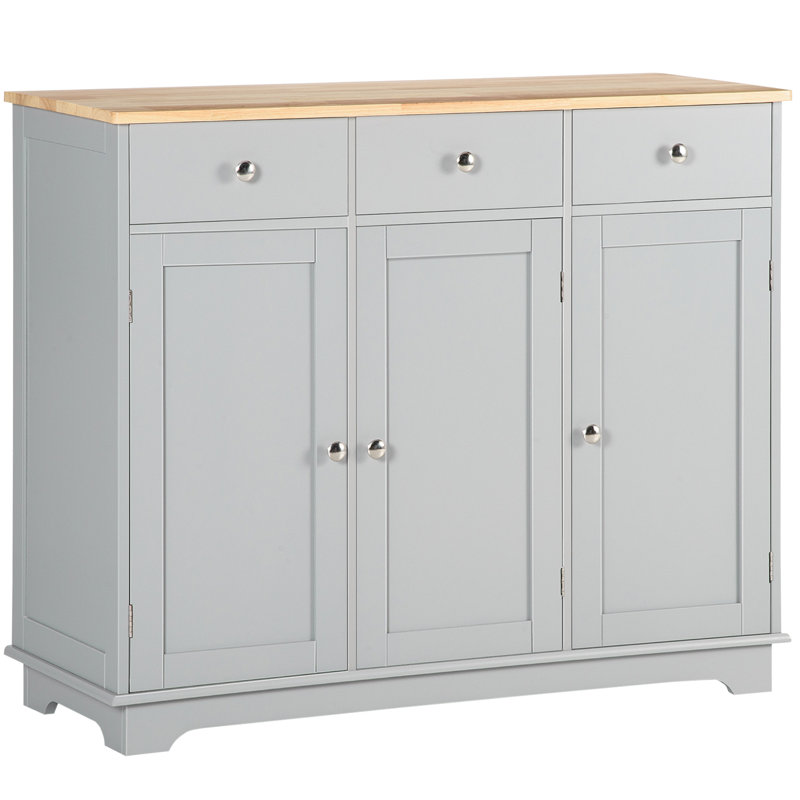 HOMCOM Sideboard with Rubber Wood Top, Kitchen Cupboard, 3 Doors, Grey