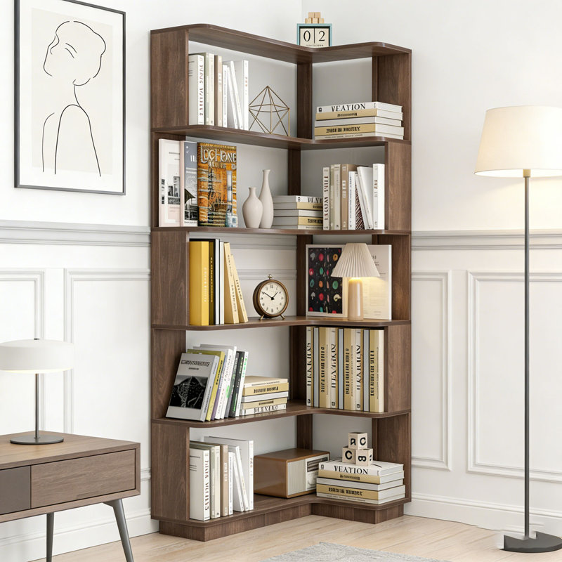 Freestanding Corner Bookshelf, Dark Brown