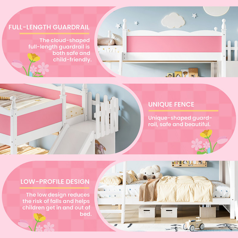 Lit superposé double avec glissade et tablettes de rangement intégrées, Pink