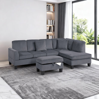 Ensemble modulaire 3 pièces avec repose-pieds et revêtement en velours côtelé