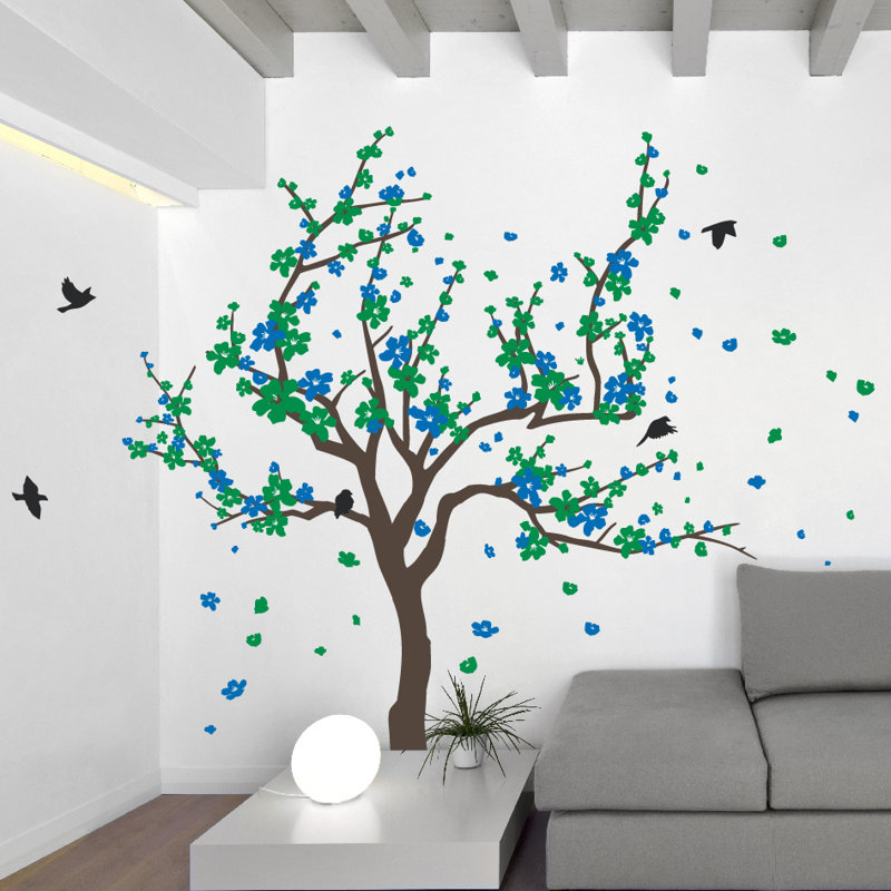 Adhésif décoratif cerisier japonais, Brun / vert / bleu, H 38 x l 59 po x P 0,01 po