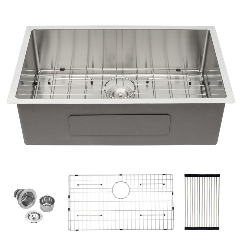 30" L x 18" W Undermount Single Bowl Stainless Steel Kitchen Sink with Basket Strainer, Stainless Steel , 30" L x 18" W  