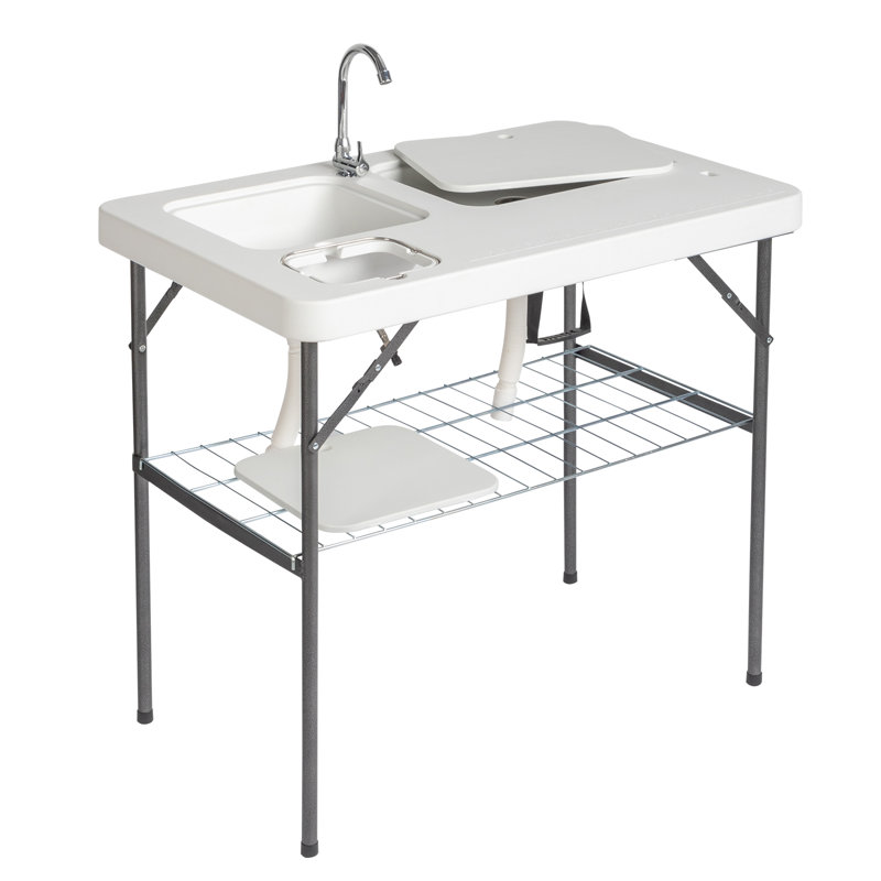 White and Black Folding Outdoor Fish Cleaning Table with Sink