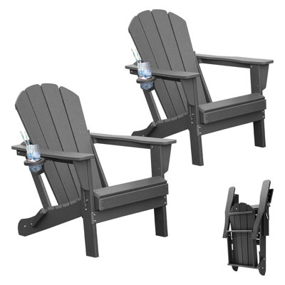 Ensemble de 2 chaises Adirondack pliantes - Siège de patio en PEHD résistant aux intempéries avec porte-gobelet, gris