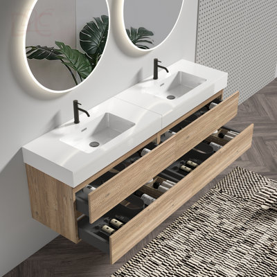 Meuble-lavabo 72 po (36 po * 2) avec lavabo à quartz en chêne et tiroirs en chêne brut, meuble-lavabo mural flottant, lavabo une pièce sans drain ni robinet