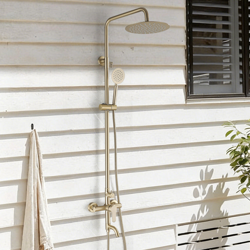 Wall Mount Stainless Steel Triple Function Outdoor Shower With Footwash Spout, Brushed Gold
