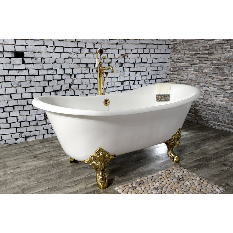 Kingston Aqua Eden 67-Inch Cast Iron Oval Double Slipper Clawfoot Tub (No Faucet Drillings), Polished Brass