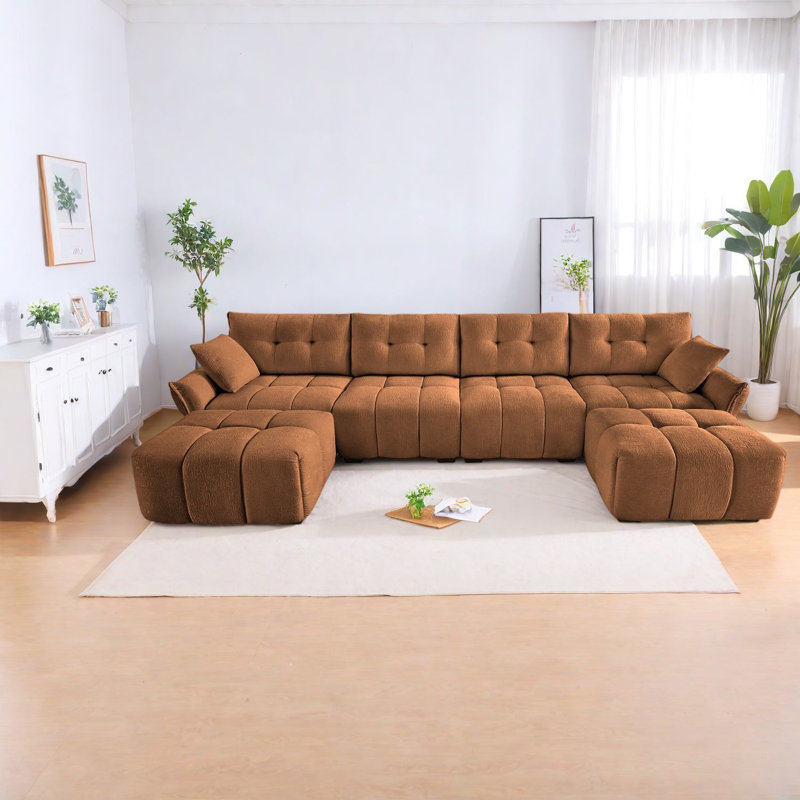 Canapés modernes orange brûlé 4 places, structure en bois massif, tissu chenille pour la maison