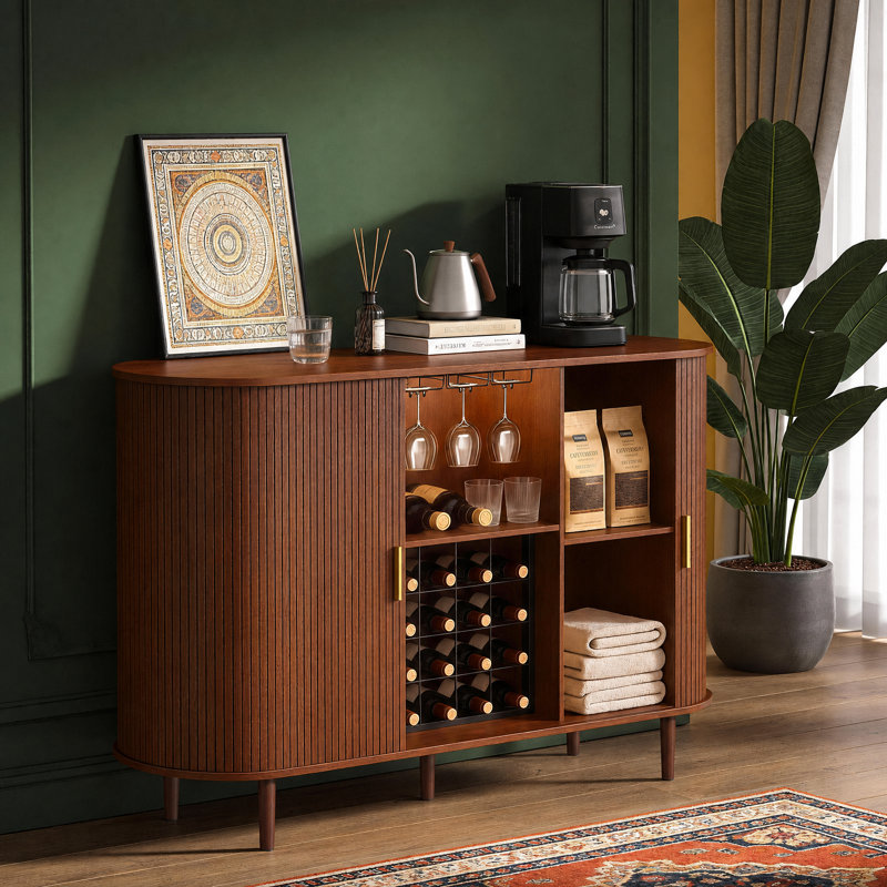 Armoire à vin 55 "avec lumières à DEL, support à vin et porte-verre Mid-Century, Walnut