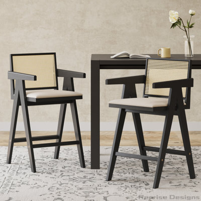27" Height Woven Cane Backrest Bar Stool Set of 2