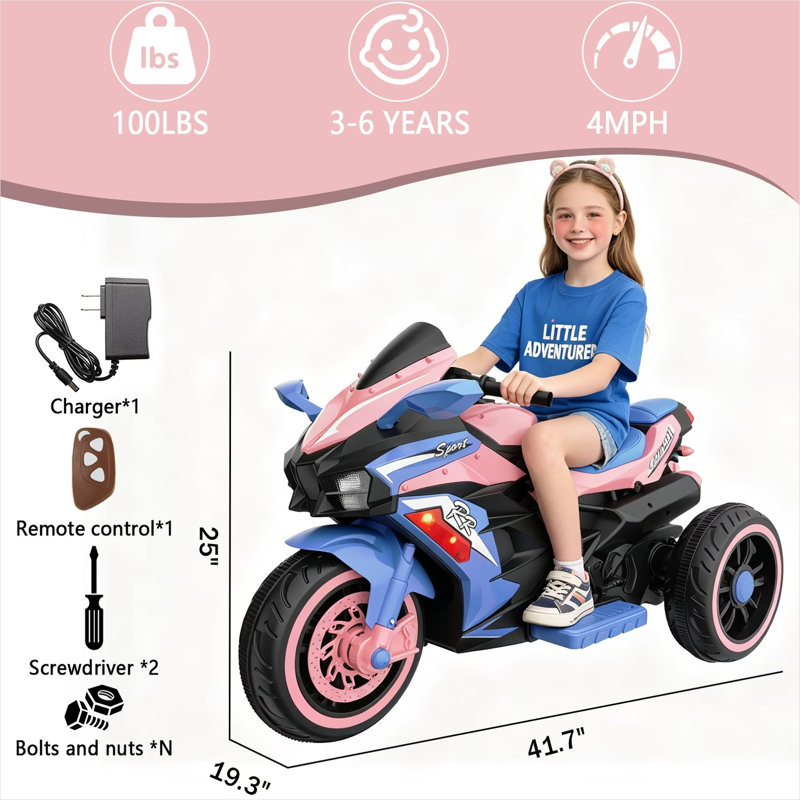 Moto d'aventure en plein air pour enfants - à trois roues à roulettes avec télécommande, plastique noir / ABS, L 42 po x l 22 po x H 25 po