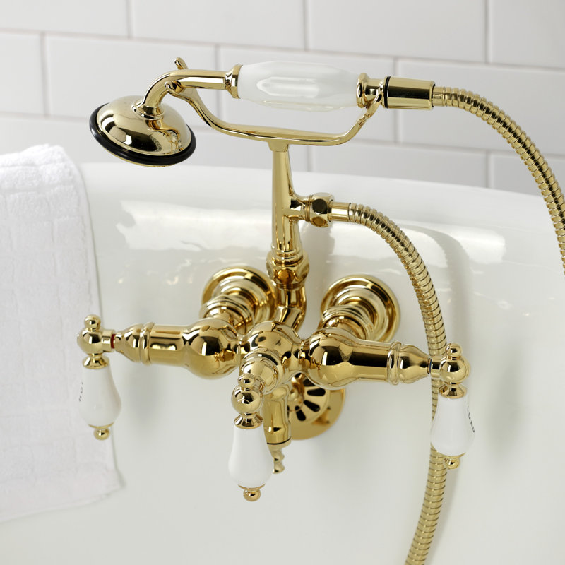 Kingston Brass Vintage Three-Handle 2-Hole Tub Wall Mount Clawfoot Tub Faucet with Hand Shower, Polished Brass