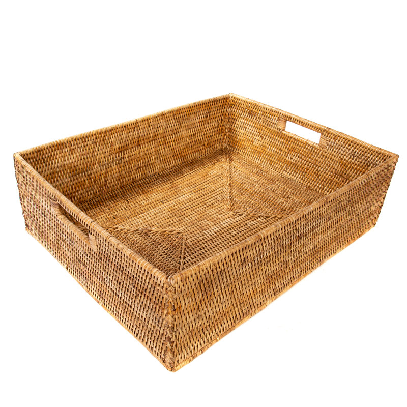 Panier de rotin rectangulaire avec poignées découpées, Brun miel, H 6 po x l 20 po x P 16 po