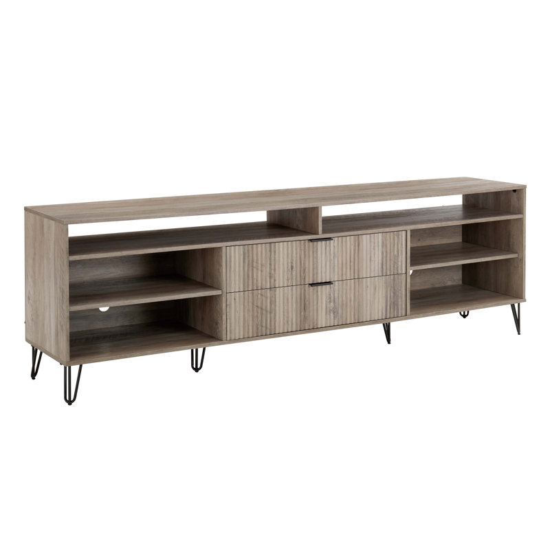 DUMBO 85" Mid-Century Modern TV Stand with 6 Shelves and 2 Drawers, Rustic Gray