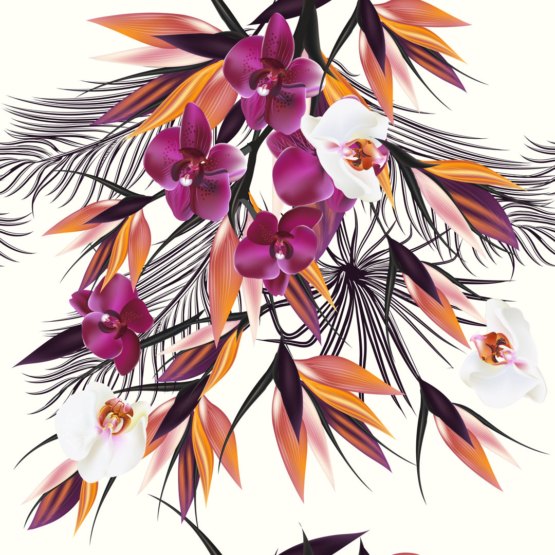 Leaves And Orchids Pattern by Mashakotcur - Wrapped Canvas Print