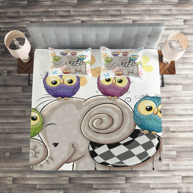 Kids Unisex White Quilted Bedspread Set with Owl Design
