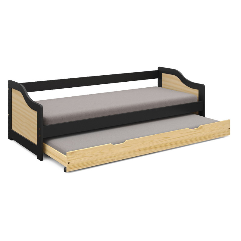 Lit de jour en bois massif avec couchette Clougher, Noir, naturel