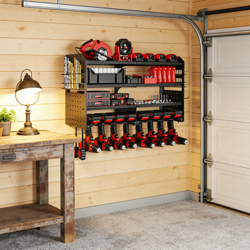 Metal Power Tool Organizer Wall Mount – Garage Tool Storage Rack With Screwdriver Holder & Storage Shelves
