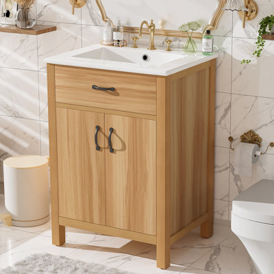 Meuble-lavabo de salle de bain avec structure en bois massif, tiroir rabattable, portes à fermeture en douceur, tablette réglable et lavabo moderne pour un rangement polyvalent