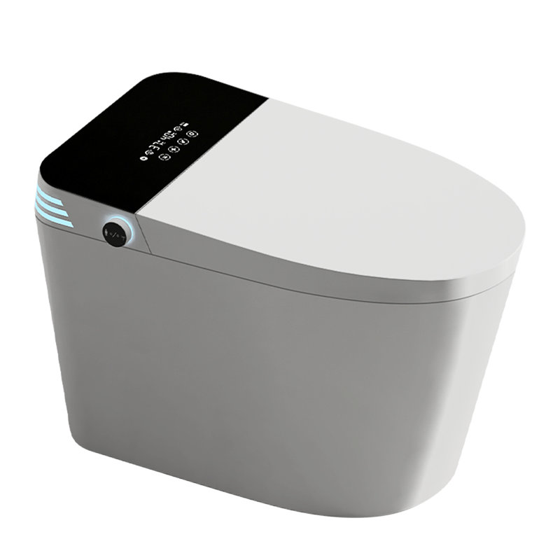 Toilette bidet contemporaine - Siège chauffant, fonctions automatiques, eau chaude, sec, télécommande, blanc avec capteur de pied noir intégré, chasse d'eau, eau et séchage