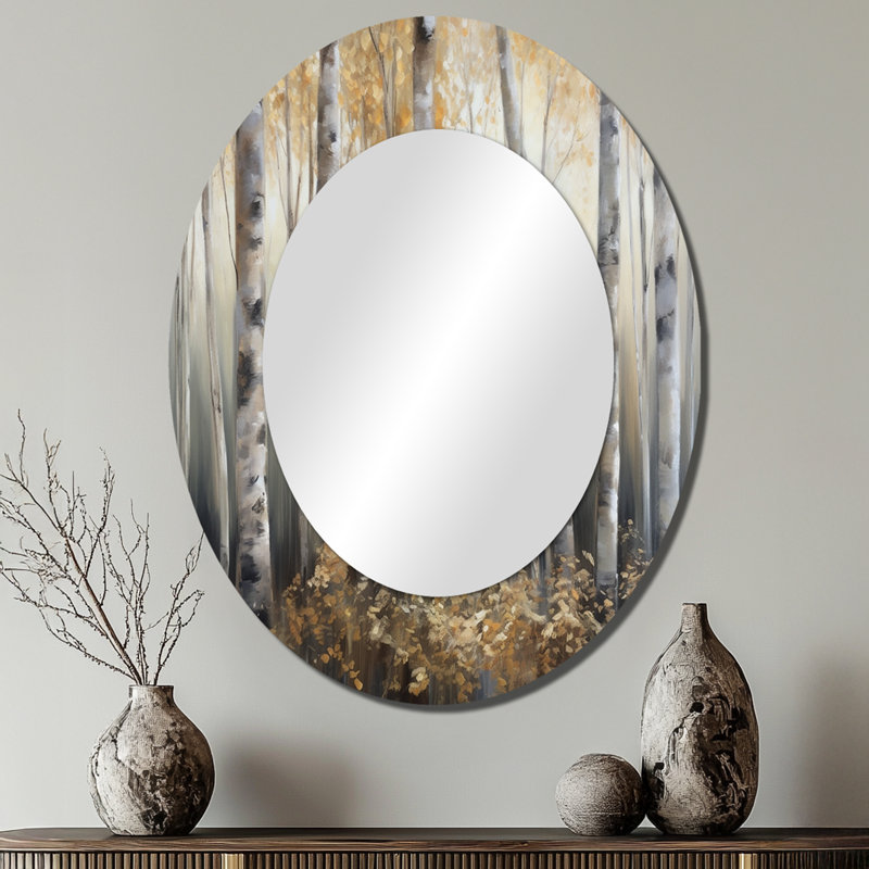 Birch Tree Forest Wonderland III - Grand miroir mural ovale sur métal, 40 po x 30 po