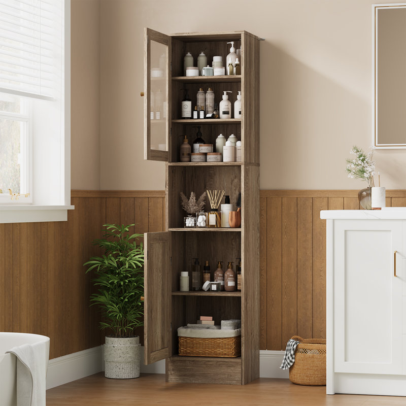  Armoire de rangement de 67 po de hauteur pour salle de bain, armoire autoportante étroite avec portes et tablettes réglables, bois d'ingénierie, grain de bois gris