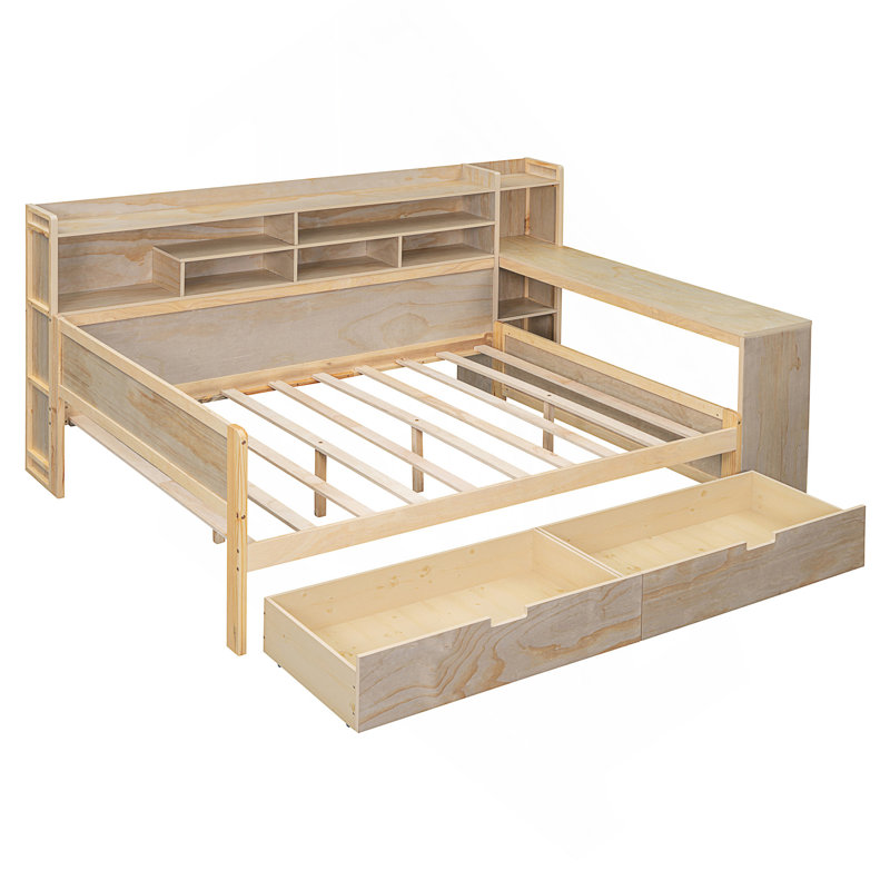 Lit en bois avec lit gigogne simple, Naturel, Lit double