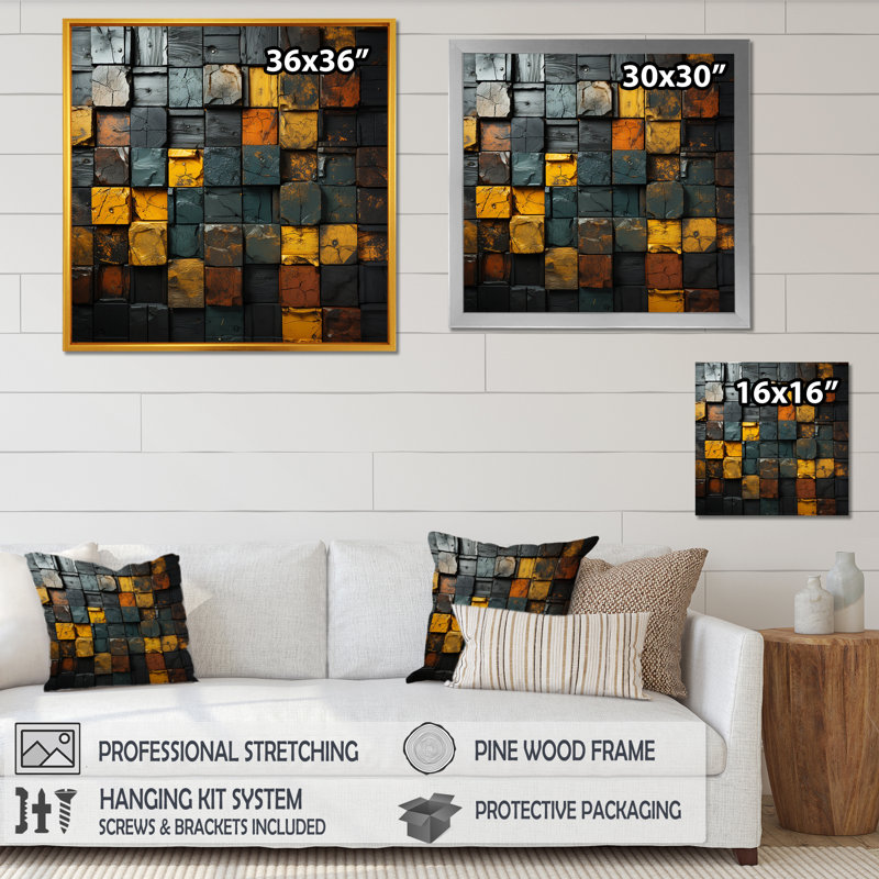 Cubes dorés abstraits géométriques I - art mural géométrique, Toile tendue, H 36 po x l 36 po