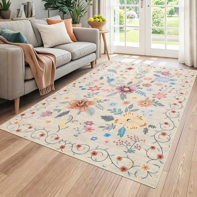 Floral Machine Washable Rug for Living Room Romantic Indoor Carpet for Home Decor Aesthetic Non-Slip Rug for Bedroom Dining Room Office Nursery Playroom Teen Dorm