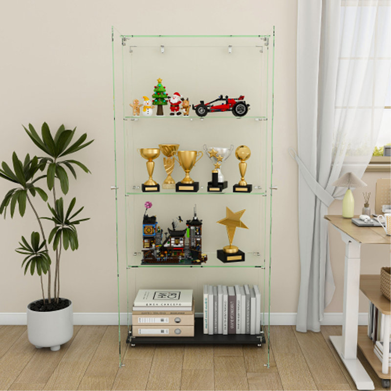 Vitrine à 4 niveaux en verre avec 5 modes DEL dynamiques, portes doubles et tablettes fixes pour un accès facile, vitrine au sol pour le bureau à domicile ou la présentation de magasin