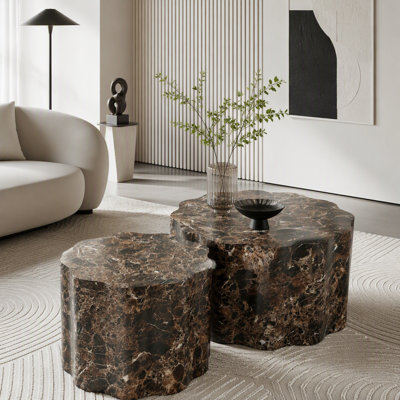 Table basse avec plateau en placage imitation marbre et tiroir cannelé