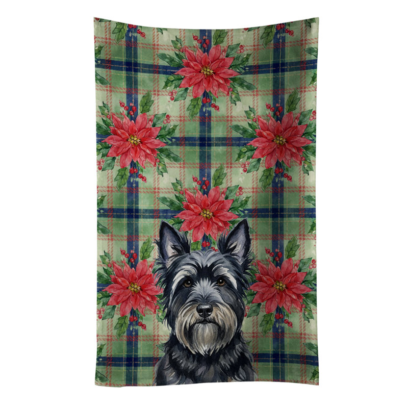 Black Skye Terrier Christmas PoinsettIas Kitchen Towel, Black Skye Terrier