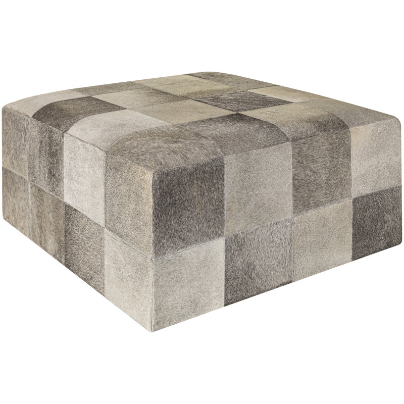 Holton Genuine Leather Square Checkered Cocktail Ottoman, Gray Genuine Leather