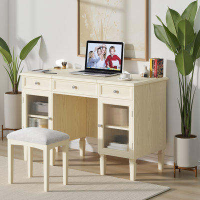 Bureau de coiffeuse 2 en 1 avec miroir rabattable - coiffeuse en chêne blanc et bureau d'ordinateur avec tabouret?