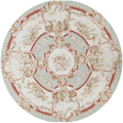 Hand-Knotted High-Quality Green and Ivory Round Area Rug